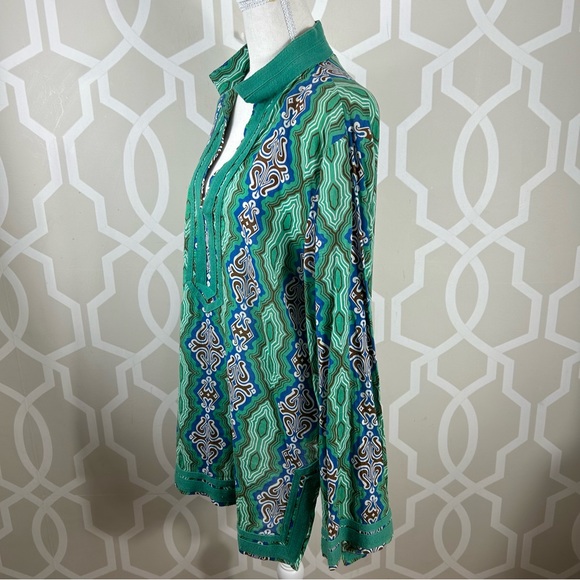 Tory Burch Tory Tunic Top 14 Green Print Ribbon Trim Cotton Long Sleeve Euc - Picture 4 of 10